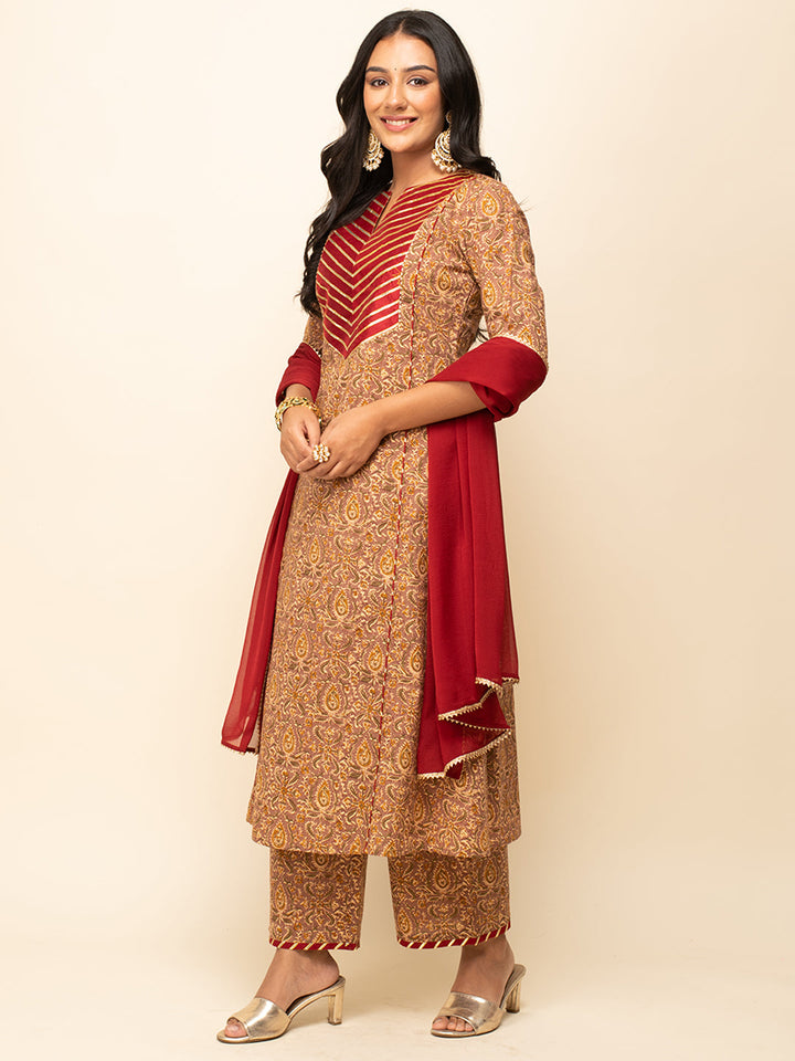 Brown-Cotton-A-line-3-Piece-Kurta-Set
