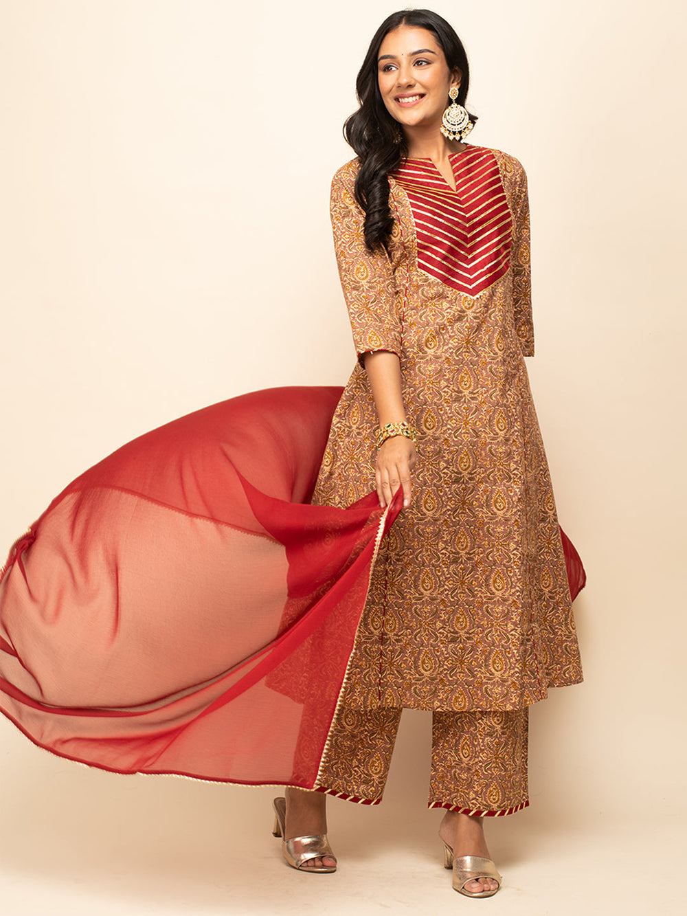Brown-Cotton-A-line-3-Piece-Kurta-Set