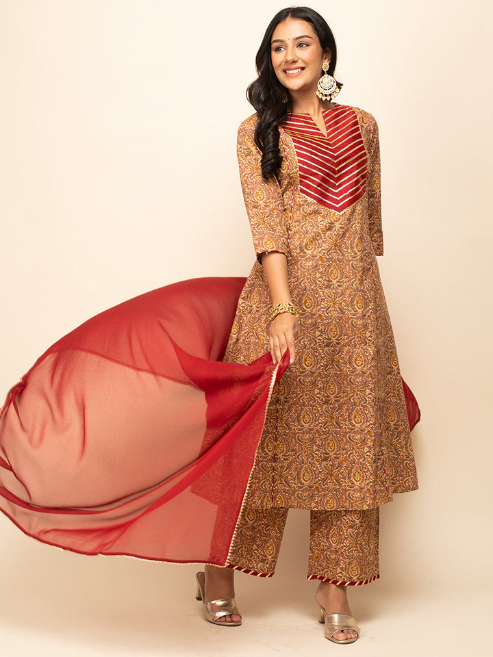 Brown-Cotton-A-line-3-Piece-Kurta-Set