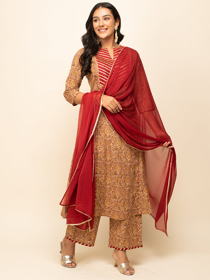 Brown-Cotton-A-line-3-Piece-Kurta-Set