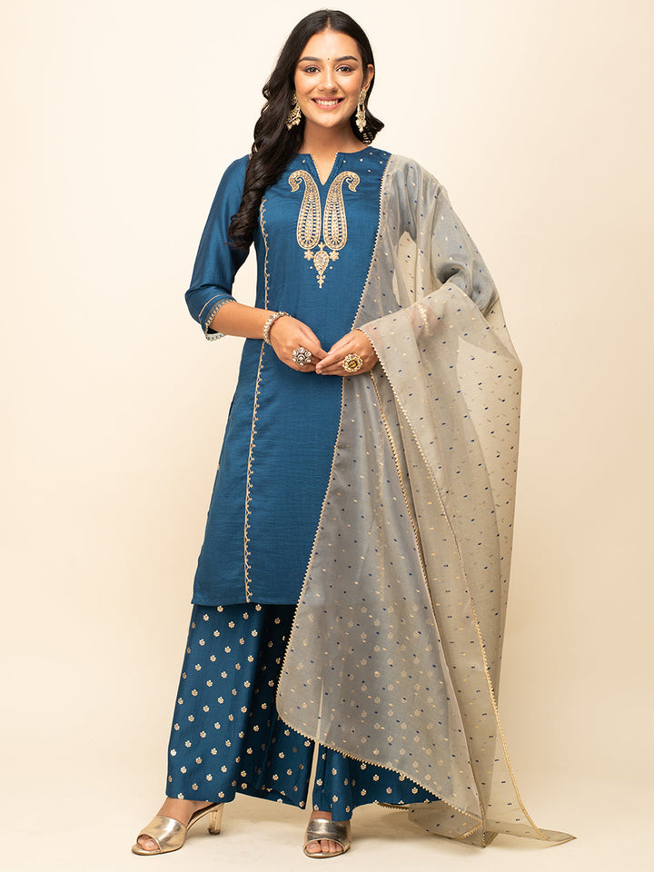 Deep-Teal-Blue-Silk-Blend-Zari-3-Piece-Kurta-Set