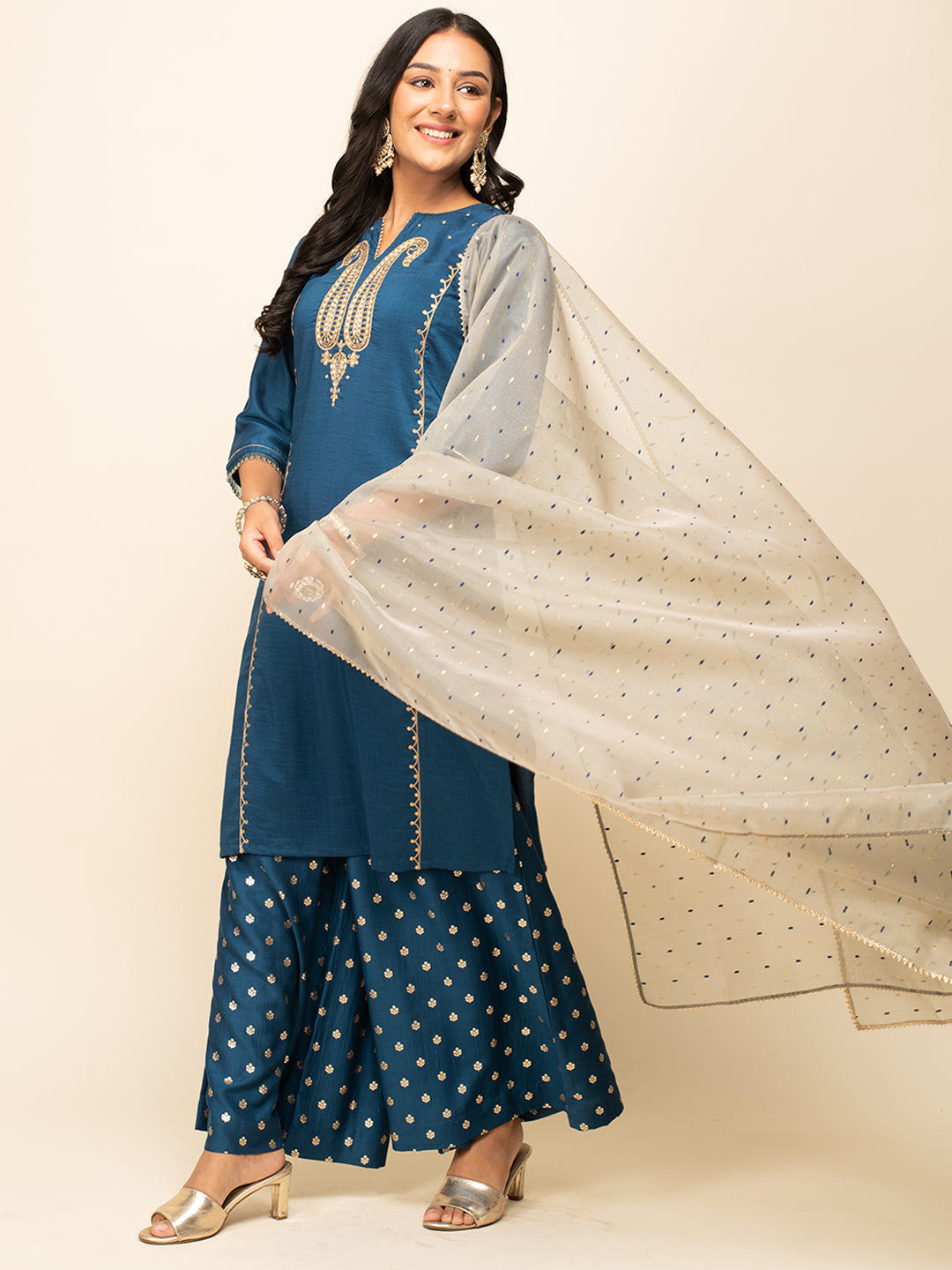 Deep-Teal-Blue-Silk-Blend-Zari-3-Piece-Kurta-Set
