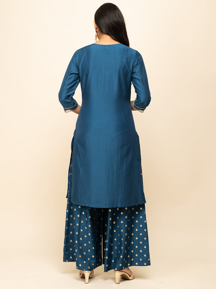 Deep-Teal-Blue-Silk-Blend-Zari-3-Piece-Kurta-Set