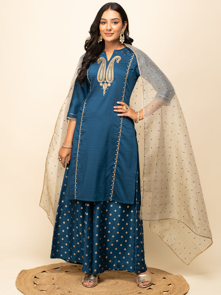 Deep-Teal-Blue-Silk-Blend-Zari-3-Piece-Kurta-Set