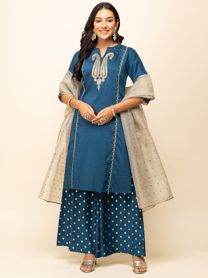 Deep-Teal-Blue-Silk-Blend-Zari-3-Piece-Kurta-Set