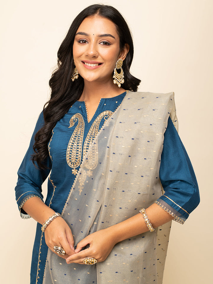 Deep-Teal-Blue-Silk-Blend-Zari-3-Piece-Kurta-Set