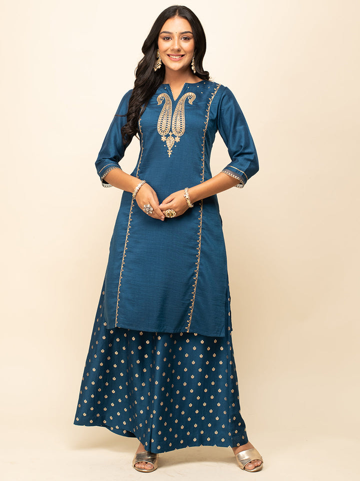 Deep-Teal-Blue-Silk-Blend-Zari-3-Piece-Kurta-Set
