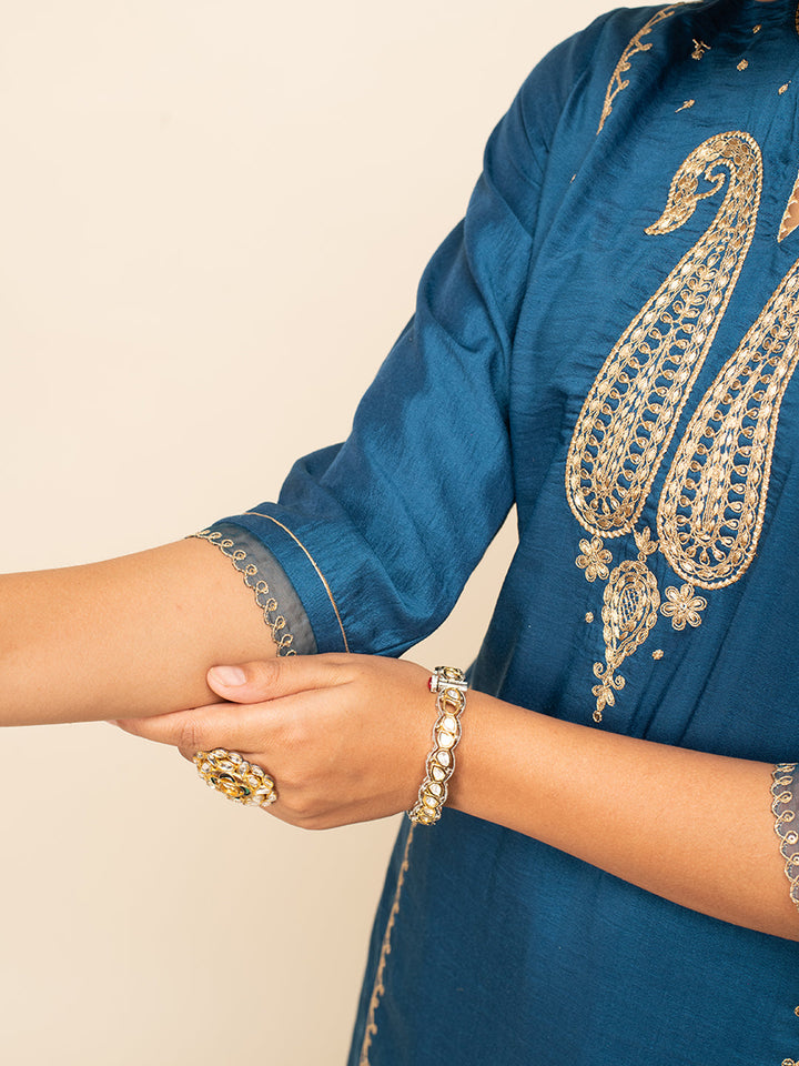 Deep-Teal-Blue-Silk-Blend-Zari-3-Piece-Kurta-Set