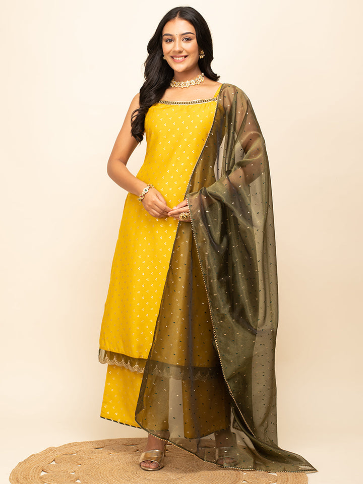 Yellow-Silk-Blend-Polka-Dot-3-Piece-Kurta-Set