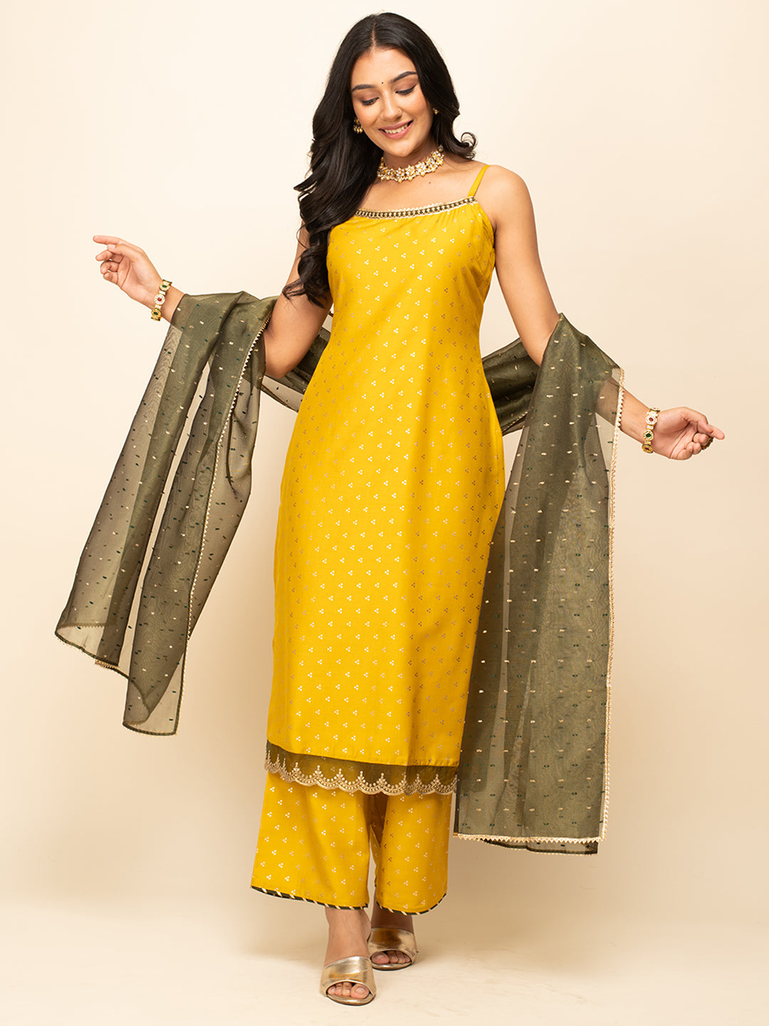 Yellow-Silk-Blend-Polka-Dot-3-Piece-Kurta-Set