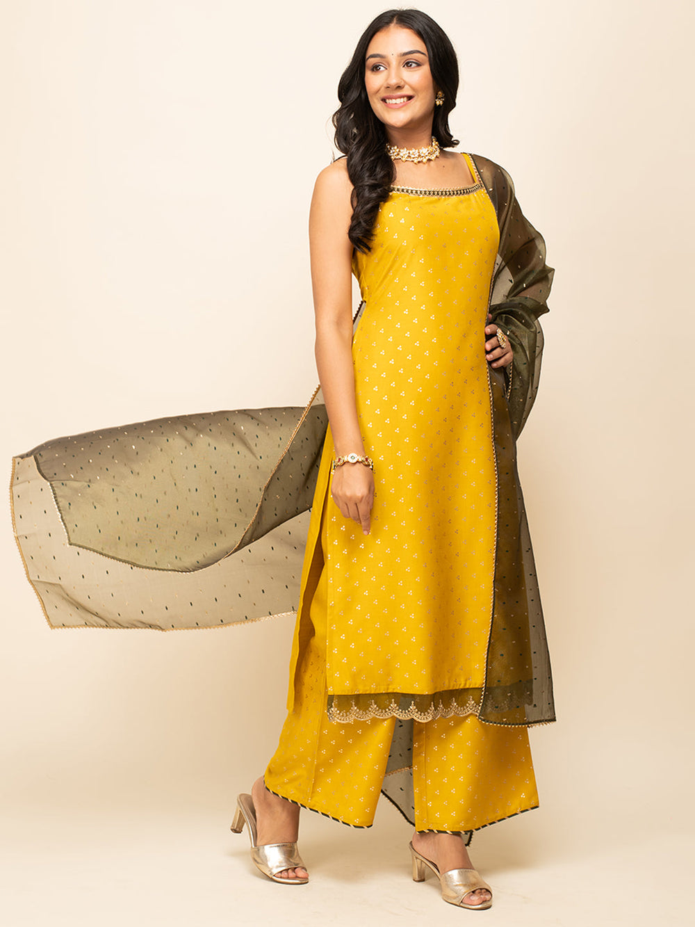 Yellow-Silk-Blend-Polka-Dot-3-Piece-Kurta-Set