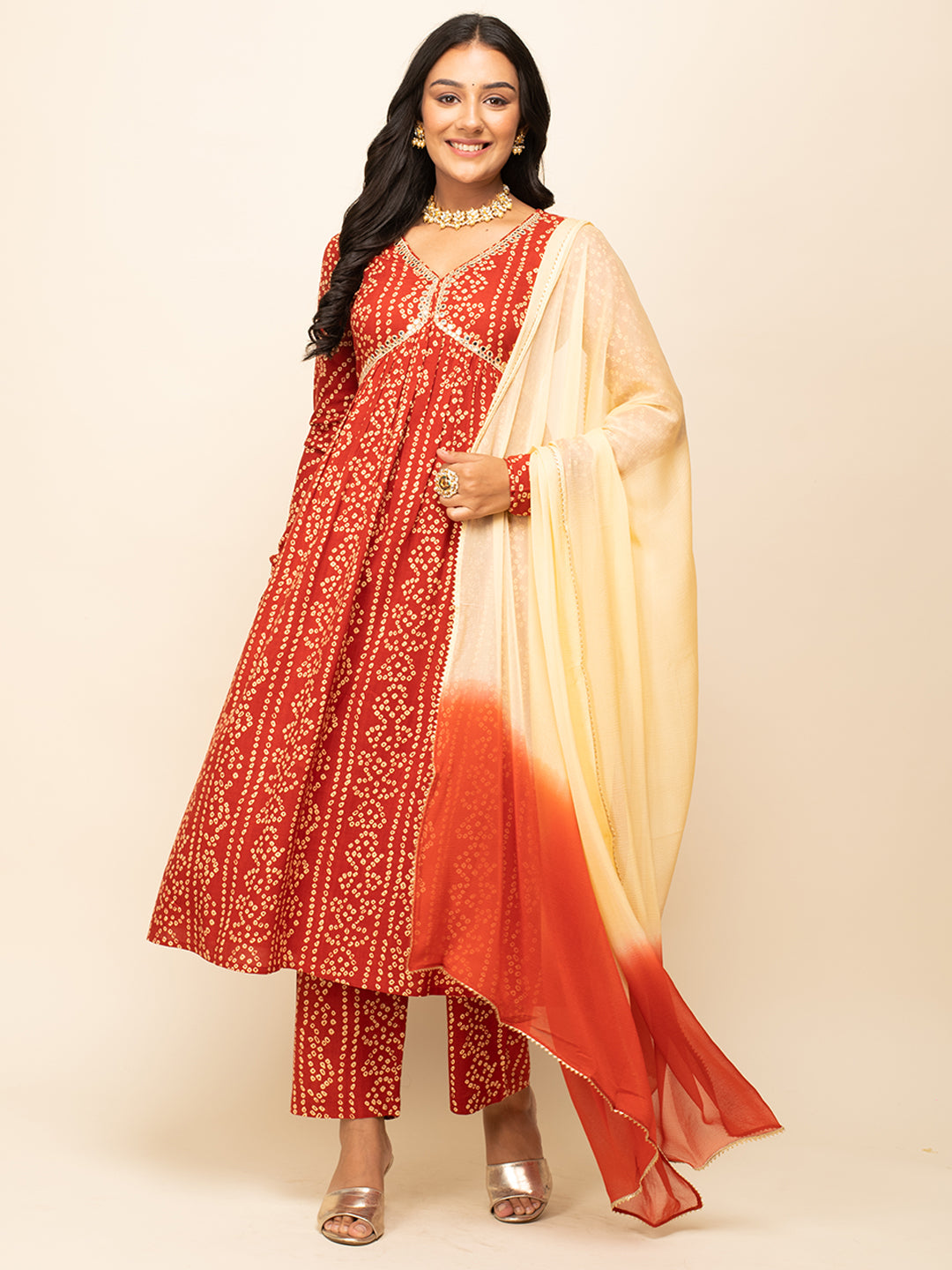 Red-Cotton-Bandhani-Print-3-Piece-Kurta-Set