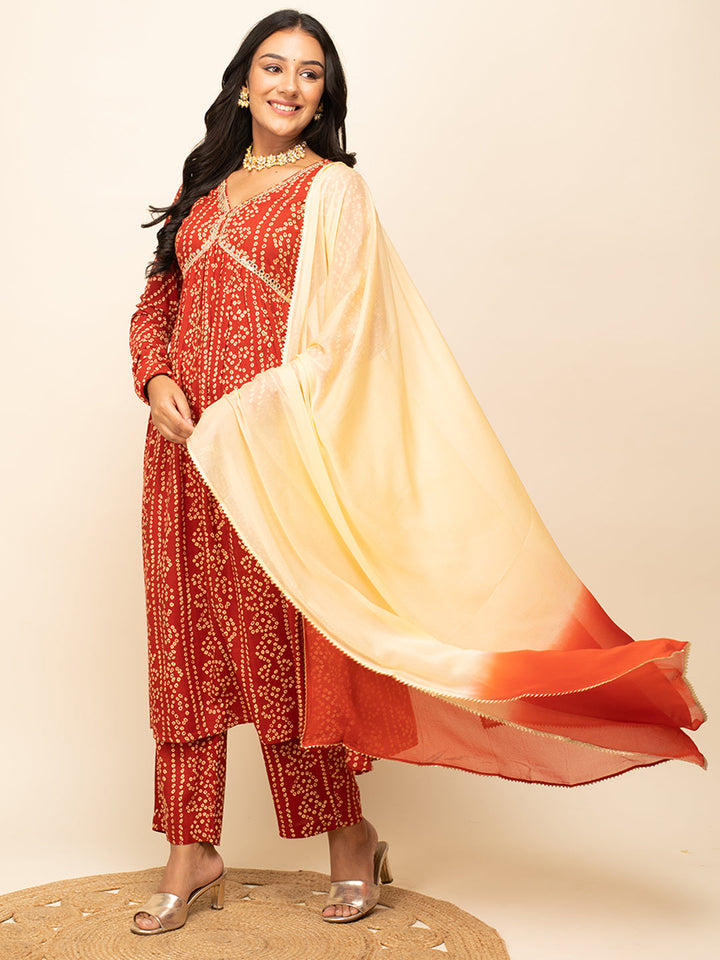 Red-Cotton-Bandhani-Print-3-Piece-Kurta-Set