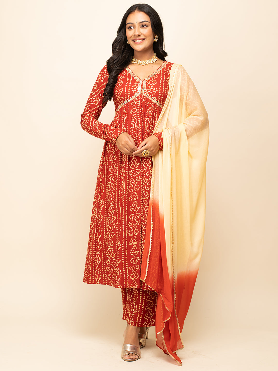 Red-Cotton-Bandhani-Print-3-Piece-Kurta-Set