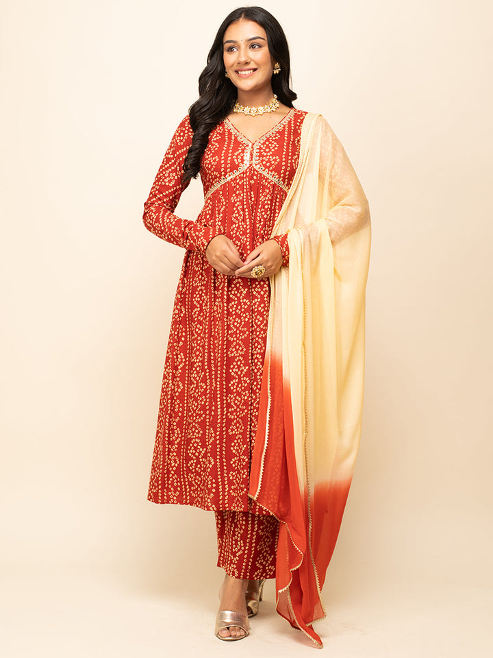 Red-Cotton-Bandhani-Print-3-Piece-Kurta-Set
