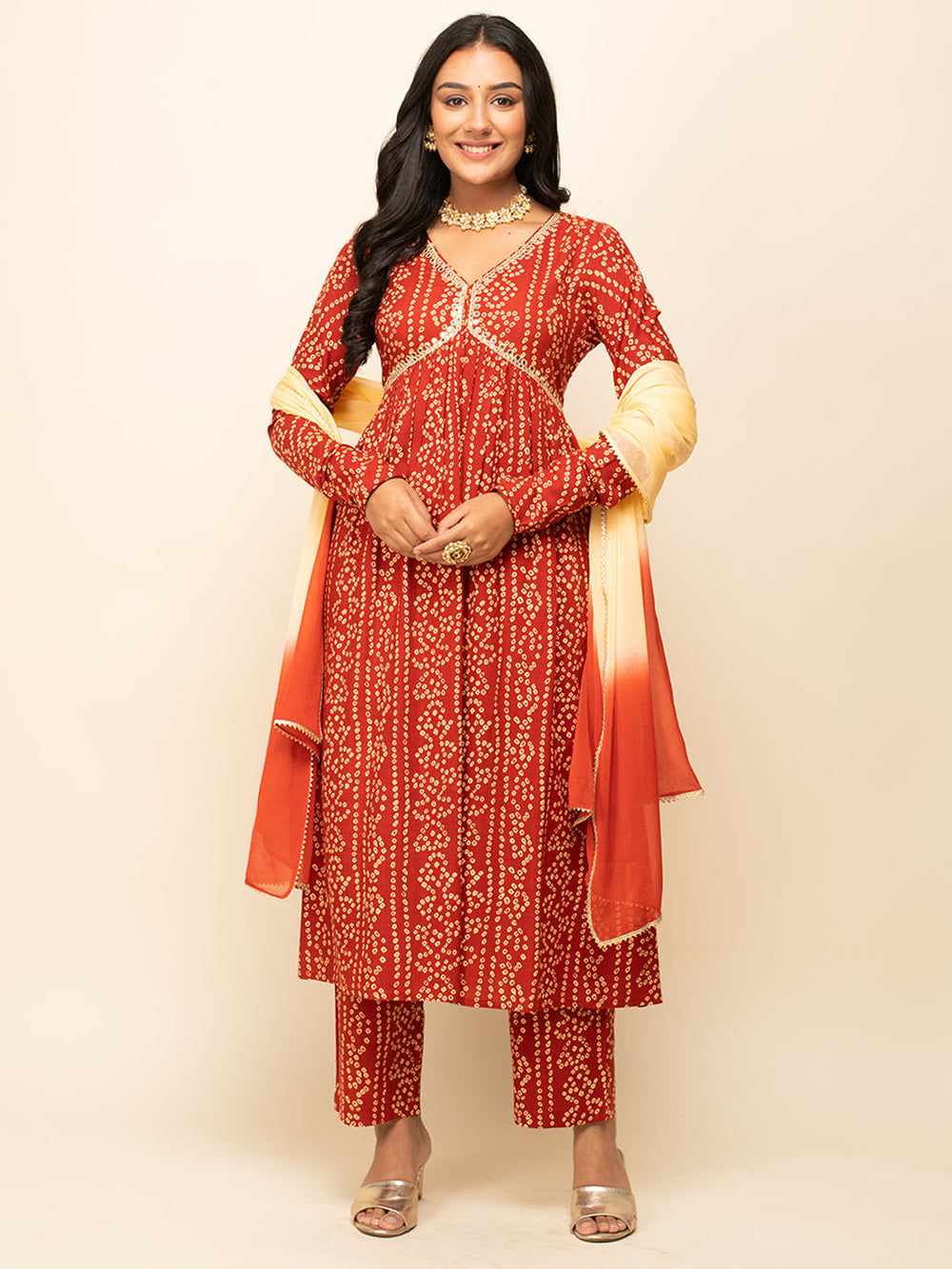 Red-Cotton-Bandhani-Print-3-Piece-Kurta-Set