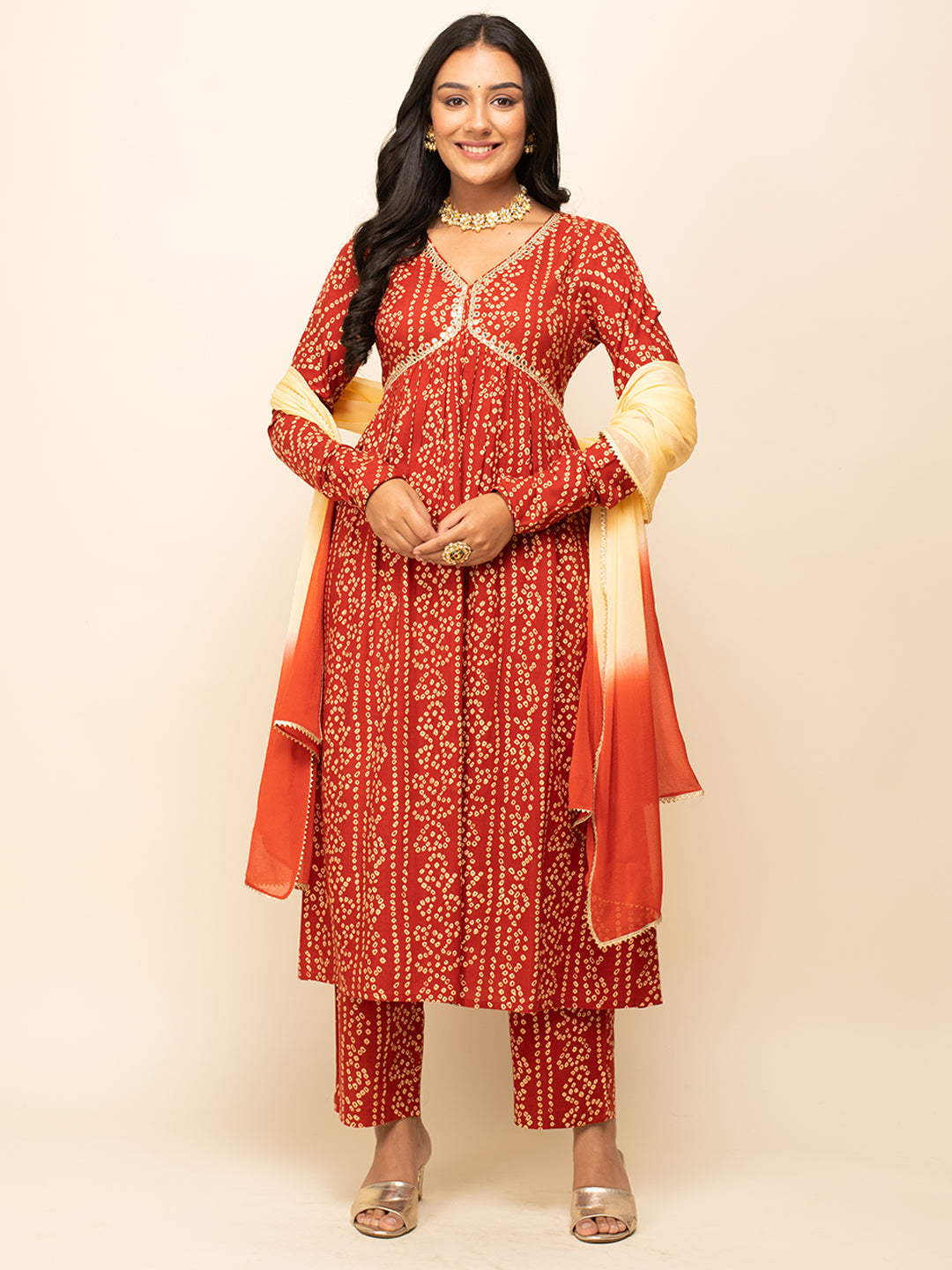 Red-Cotton-Bandhani-Print-3-Piece-Kurta-Set