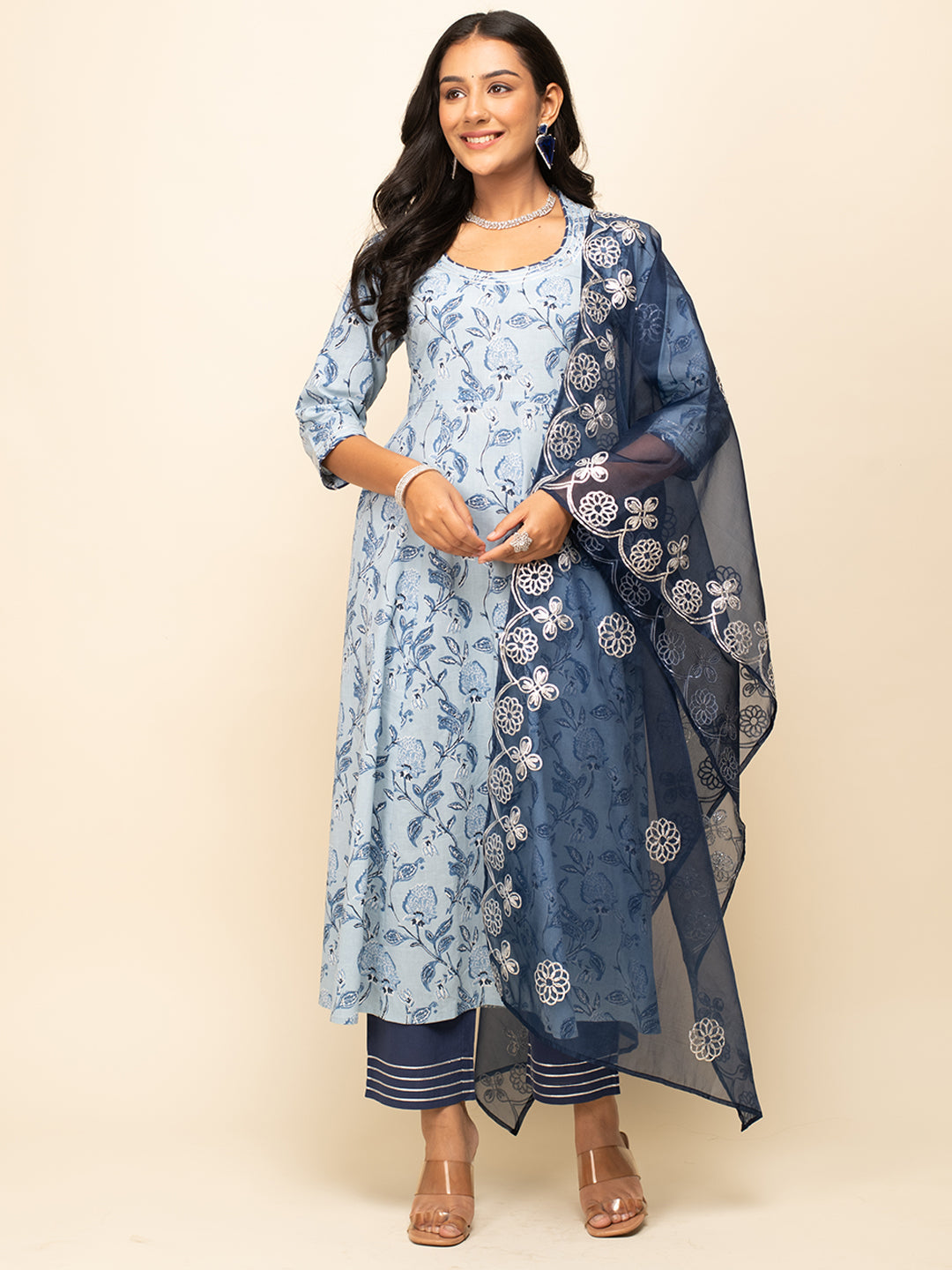 Light-Blue-Cotton-Leaf-Printed-A-Line-3-Piece-Kurta-Set