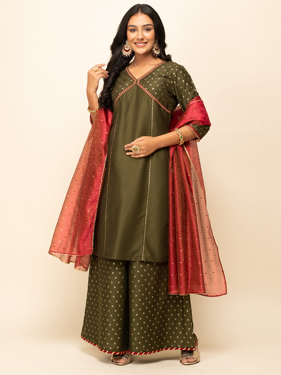 Green-Silk-Blend-Polka-Dot-3-Piece-Kurta-Set
