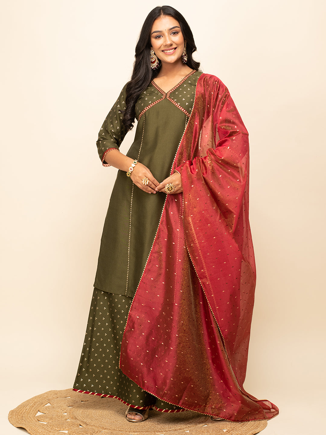 Green-Silk-Blend-Polka-Dot-3-Piece-Kurta-Set