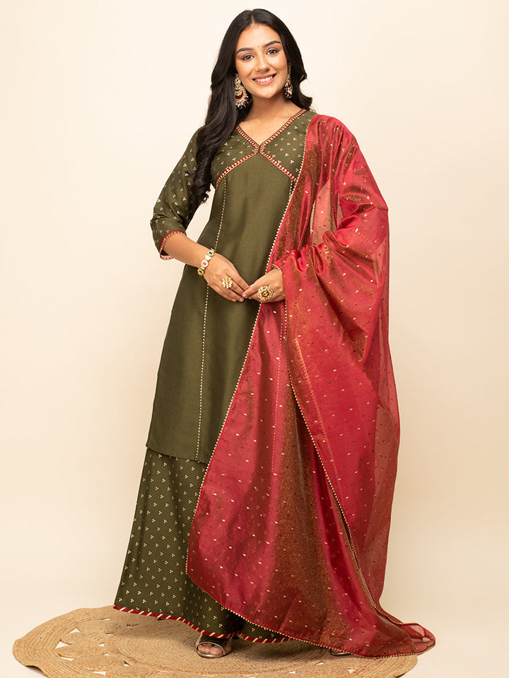 Green-Silk-Blend-Polka-Dot-3-Piece-Kurta-Set