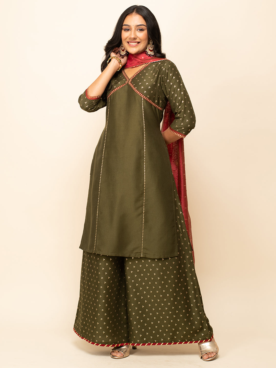 Green-Silk-Blend-Polka-Dot-3-Piece-Kurta-Set