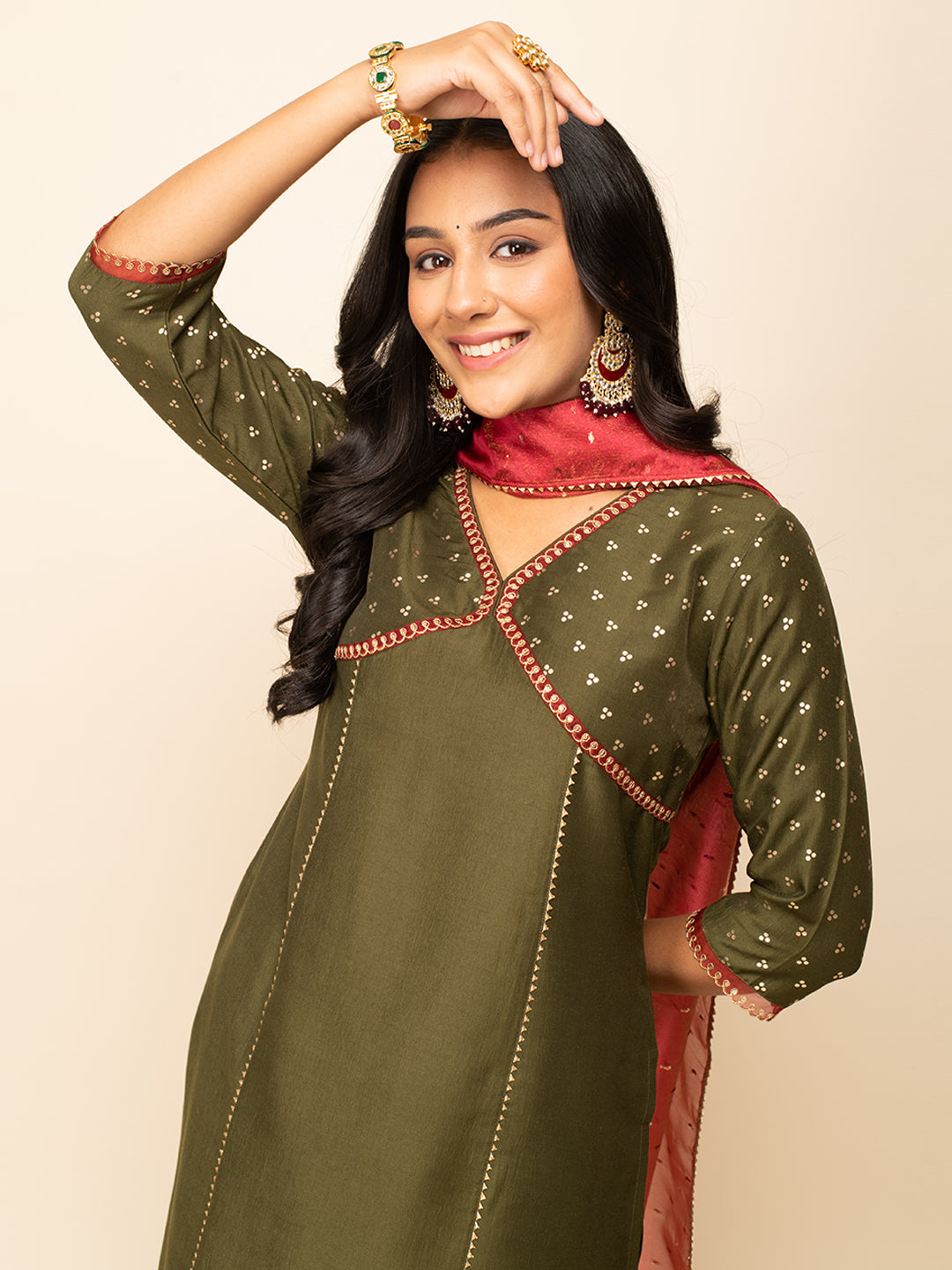 Green-Silk-Blend-Polka-Dot-3-Piece-Kurta-Set