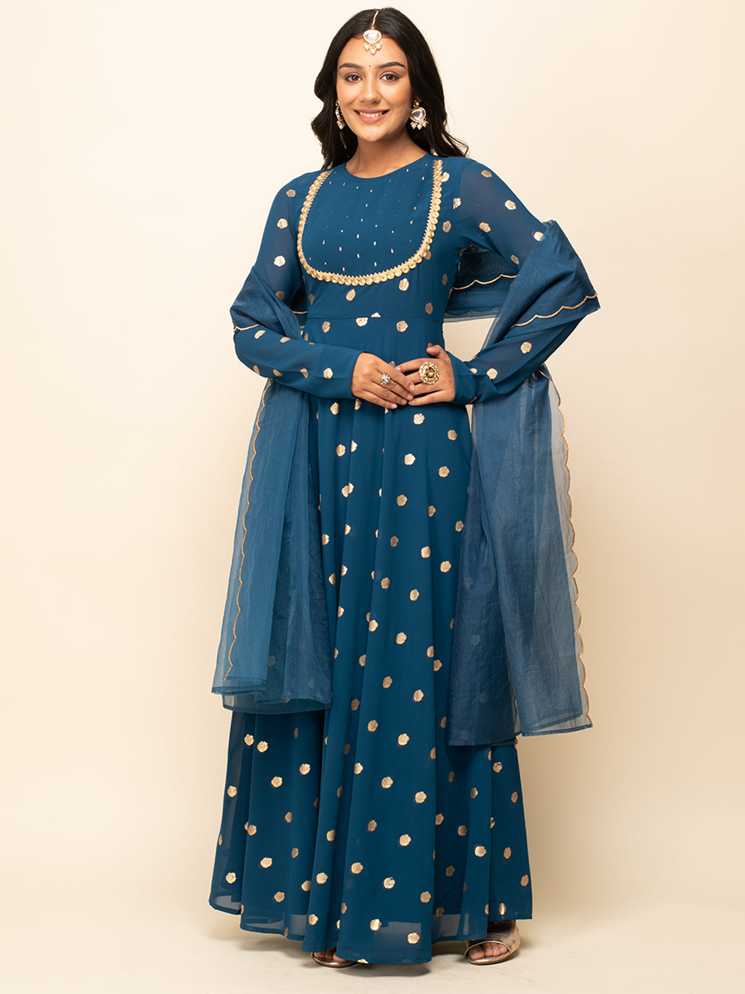Teal-Blue-Georgette-Polka-Dot-Gown-With-Dupatta