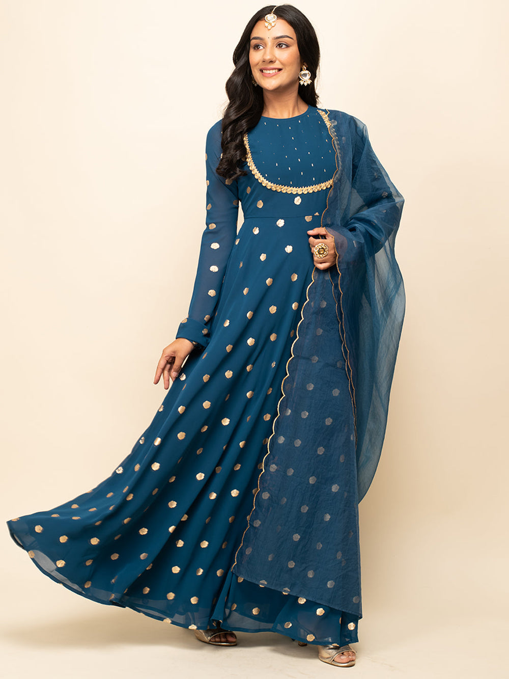 Teal-Blue-Georgette-Polka-Dot-Gown-With-Dupatta