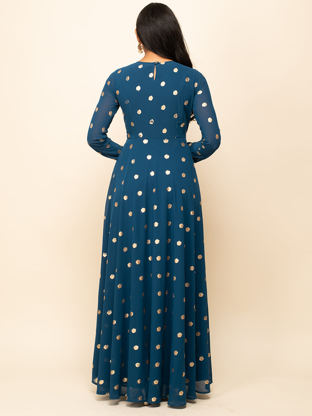 Teal-Blue-Georgette-Polka-Dot-Gown-With-Dupatta