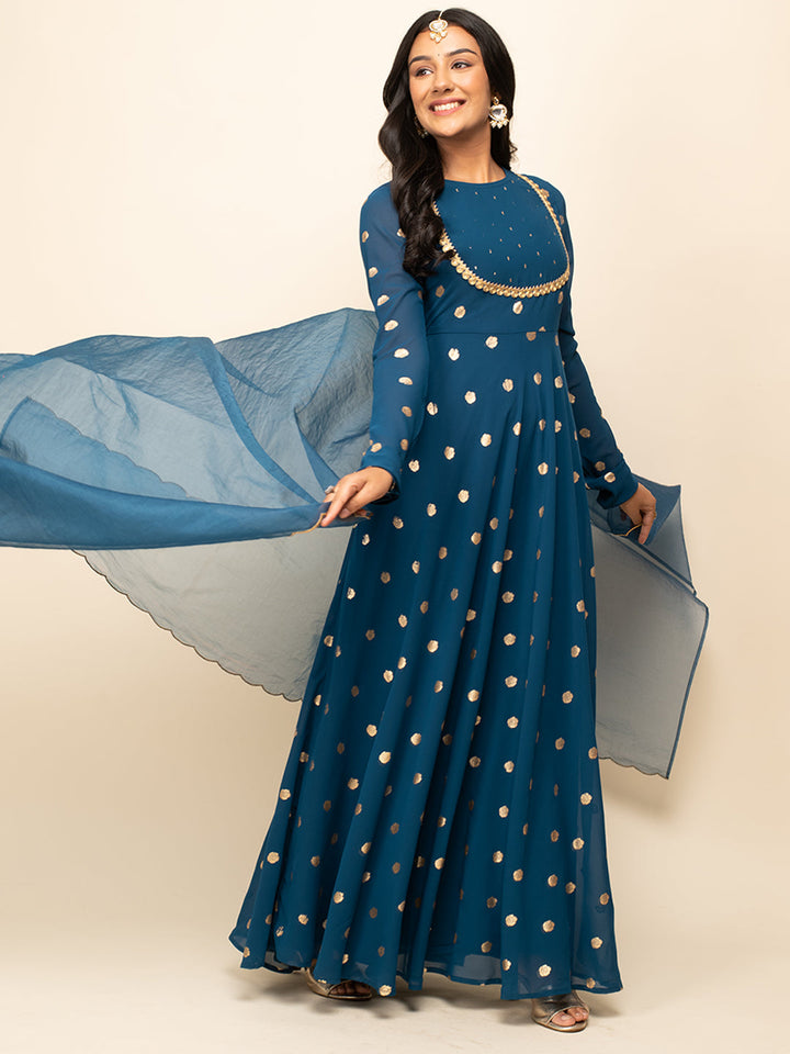 Teal-Blue-Georgette-Polka-Dot-Gown-With-Dupatta