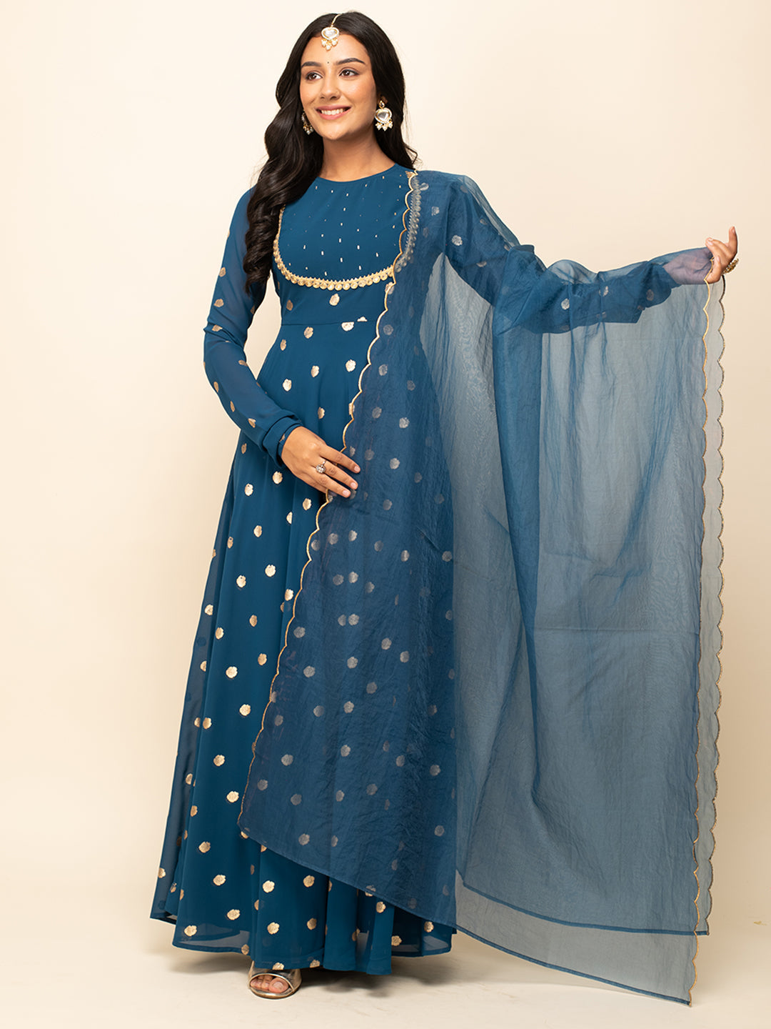 Teal-Blue-Georgette-Polka-Dot-Gown-With-Dupatta