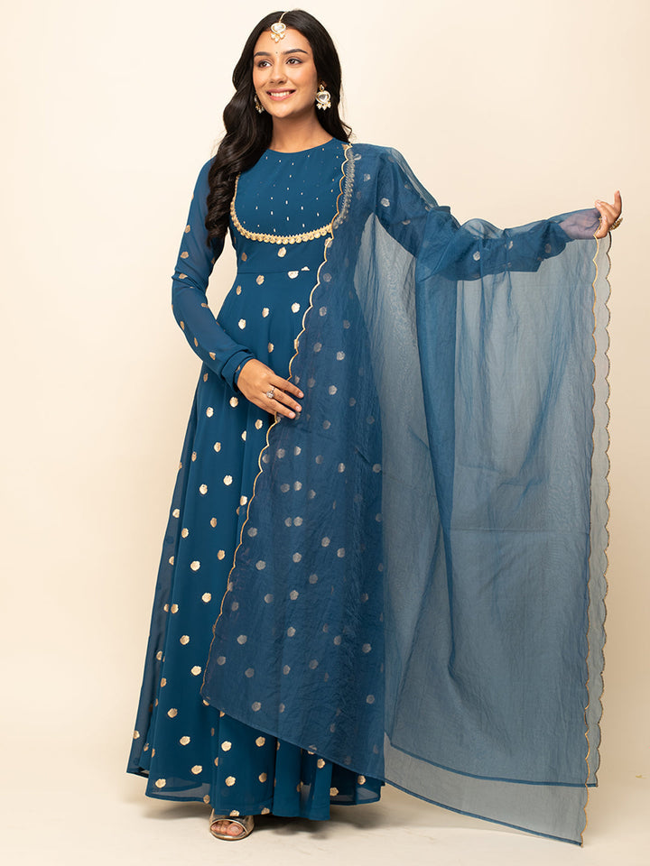 Teal-Blue-Georgette-Polka-Dot-Gown-With-Dupatta