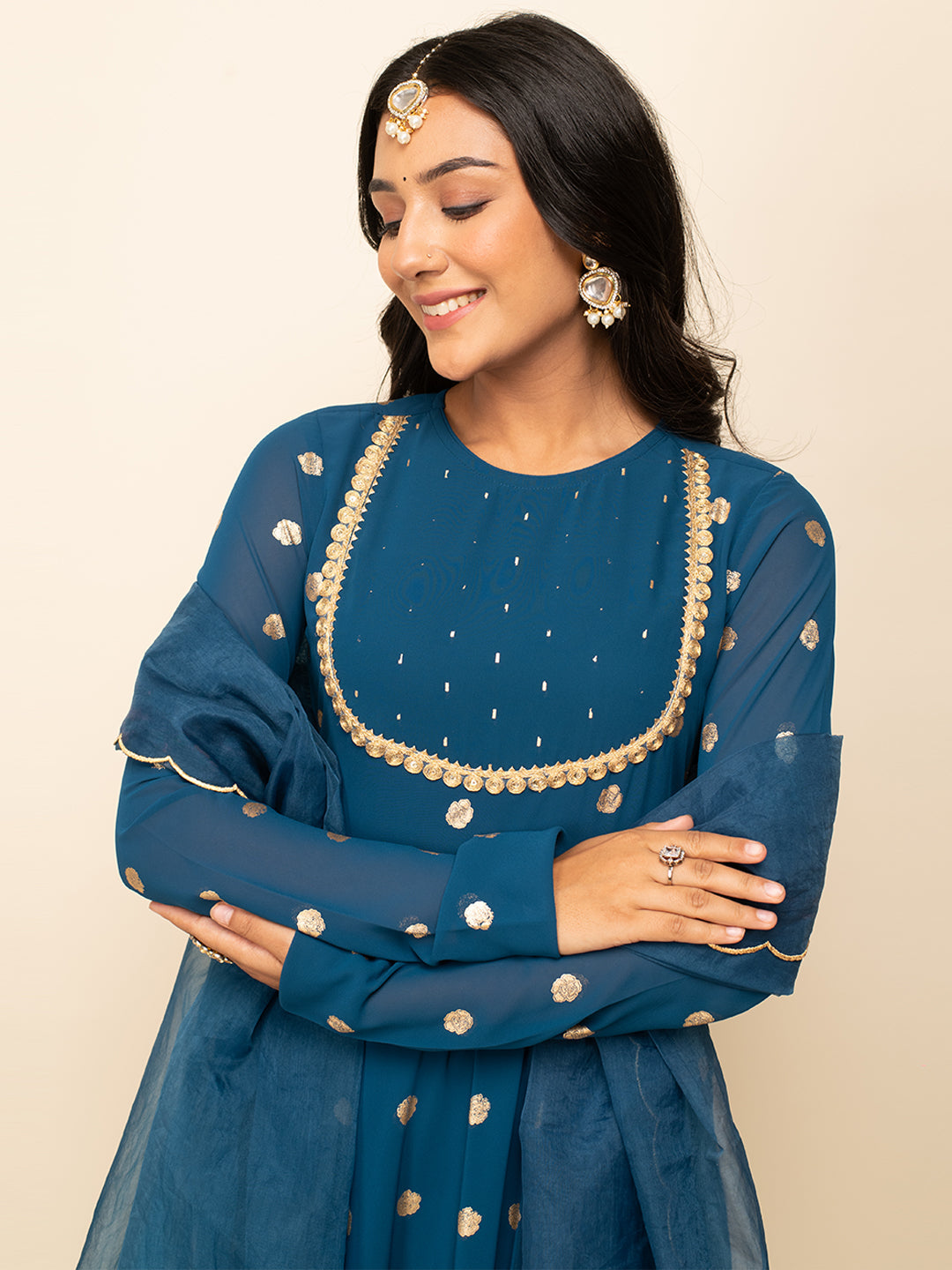 Teal-Blue-Georgette-Polka-Dot-Gown-With-Dupatta