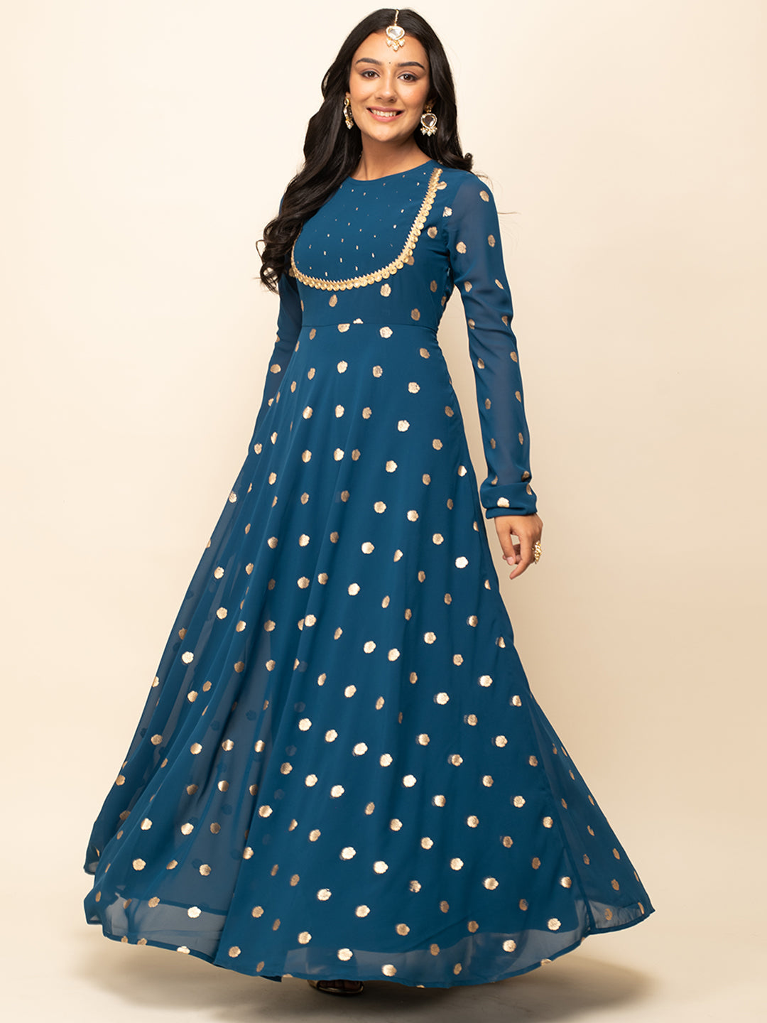 Teal-Blue-Georgette-Polka-Dot-Gown-With-Dupatta