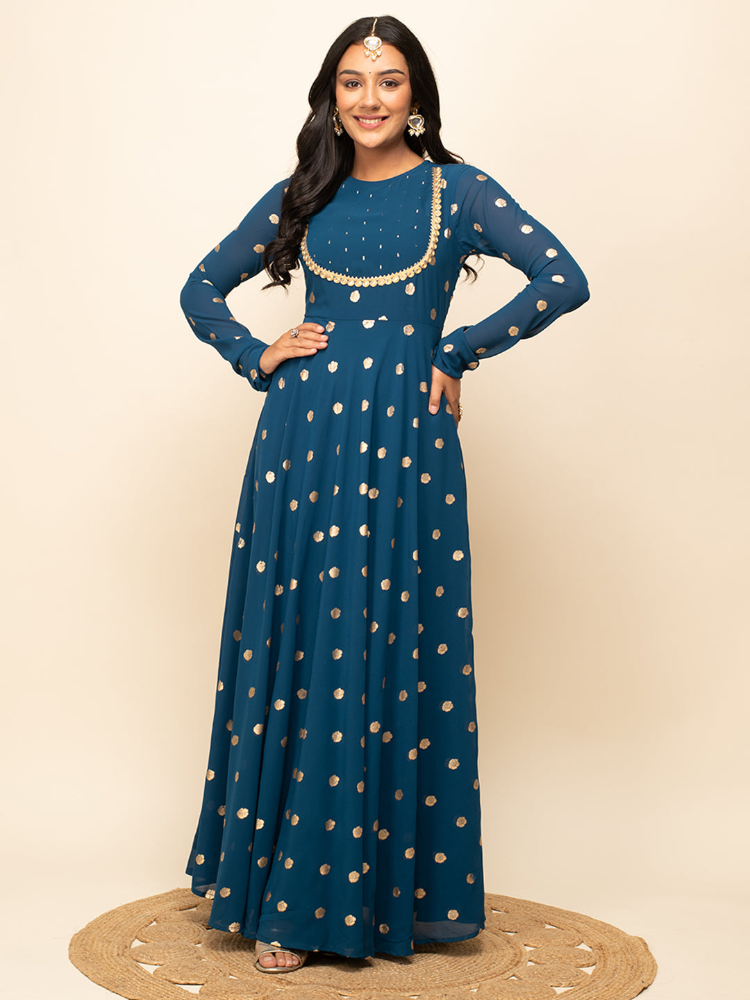 Teal-Blue-Georgette-Polka-Dot-Gown-With-Dupatta