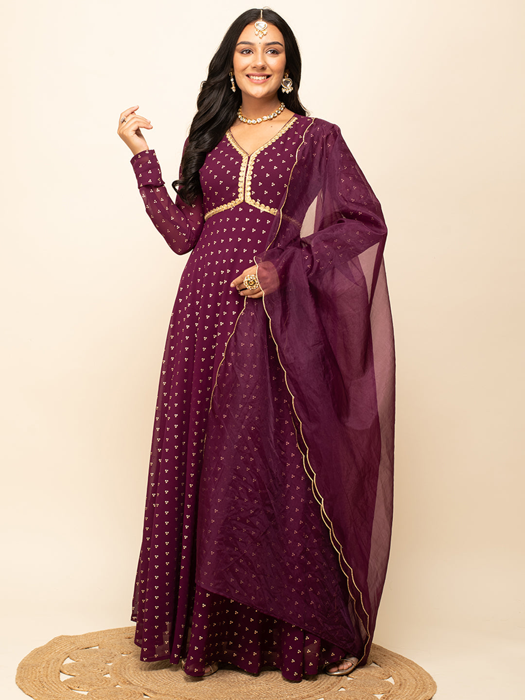 Wine-Georgette-Printed-Gown-With-Dupatta