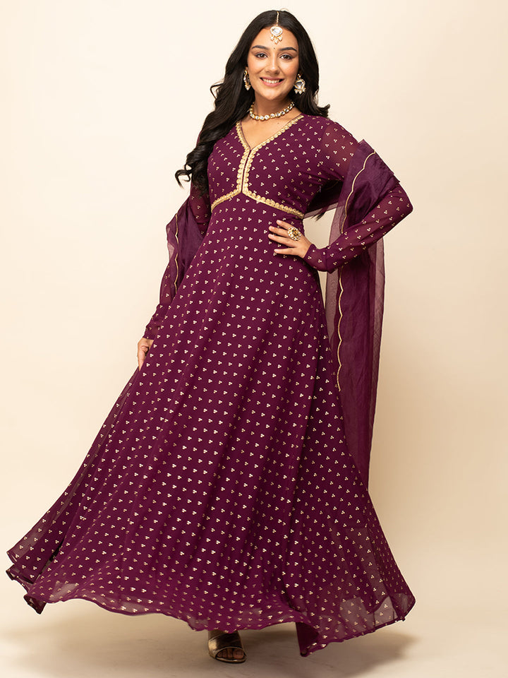 Wine-Georgette-Printed-Gown-With-Dupatta