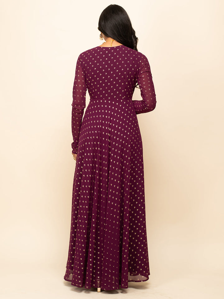 Wine-Georgette-Printed-Gown-With-Dupatta