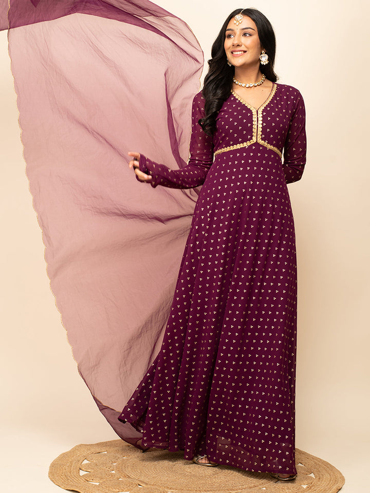 Wine-Georgette-Printed-Gown-With-Dupatta