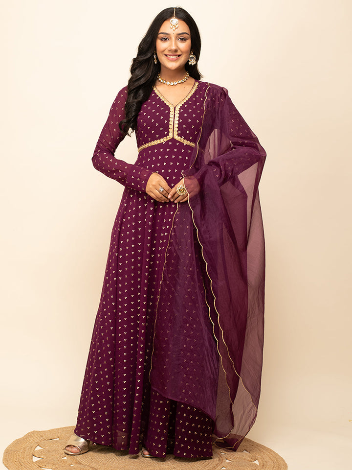 Wine-Georgette-Printed-Gown-With-Dupatta