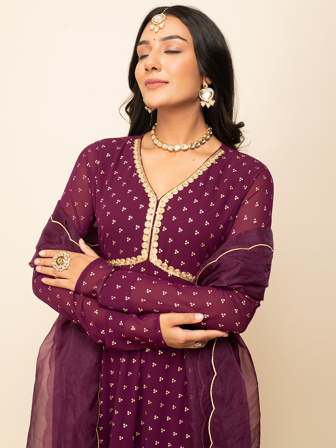 Wine-Georgette-Printed-Gown-With-Dupatta