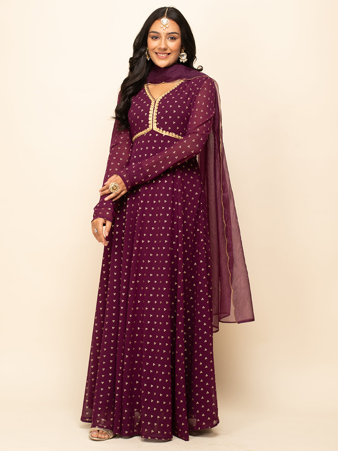 Wine-Georgette-Printed-Gown-With-Dupatta