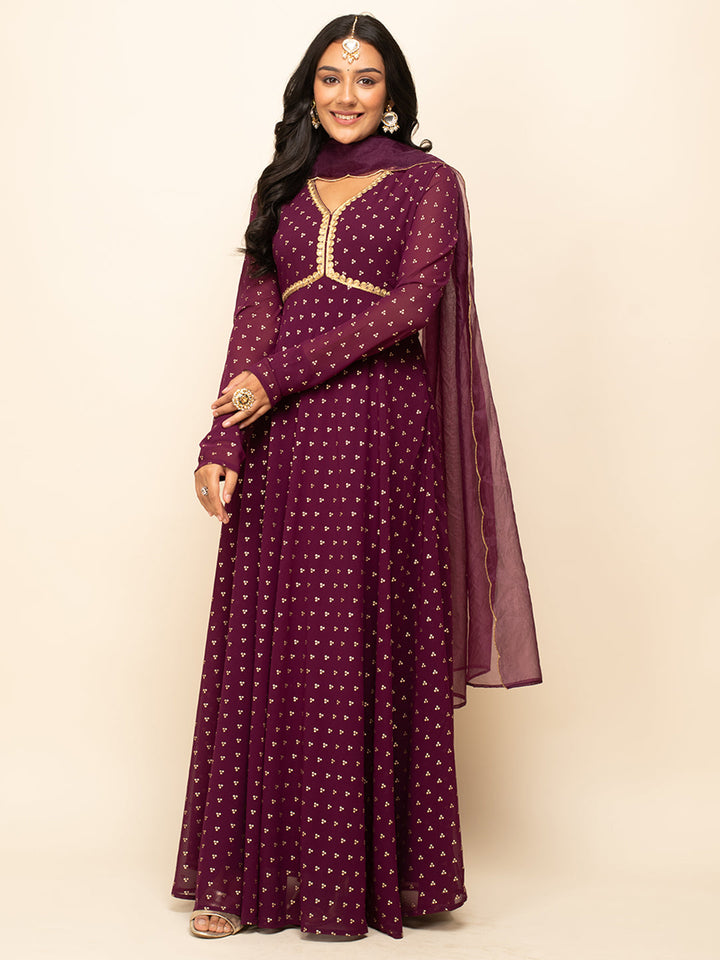 Wine-Georgette-Printed-Gown-With-Dupatta