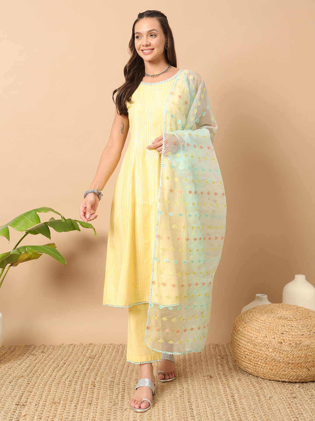 Yellow-Lurex-Cotton-Striped-3-Piece-Kurta-Set