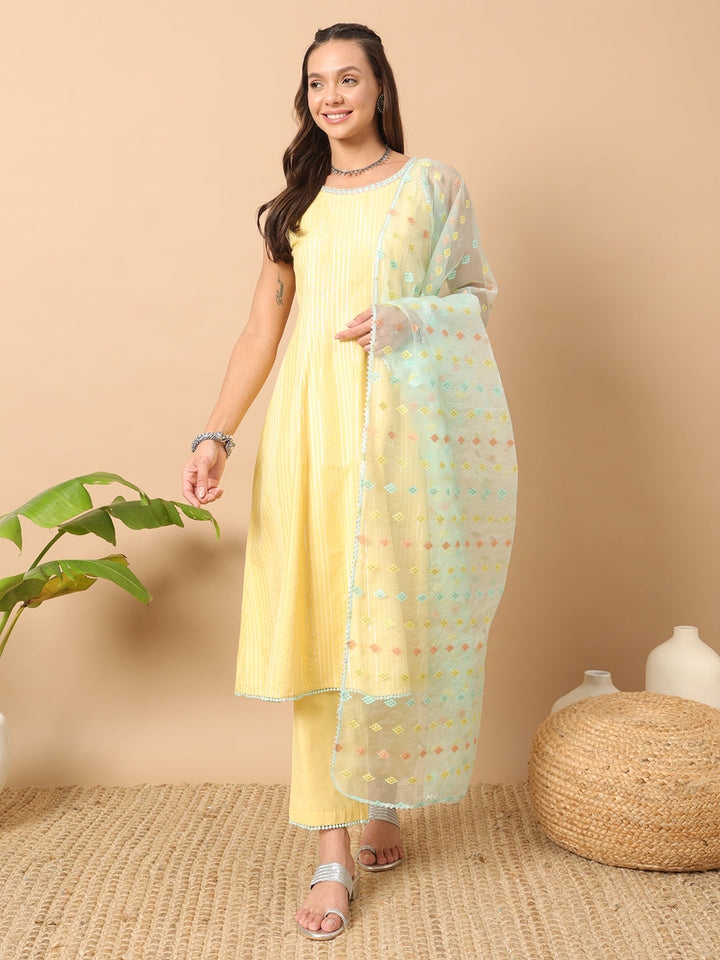 Yellow-Lurex-Cotton-Striped-3-Piece-Kurta-Set
