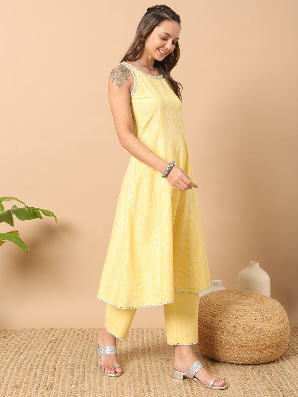 Yellow-Lurex-Cotton-Striped-3-Piece-Kurta-Set