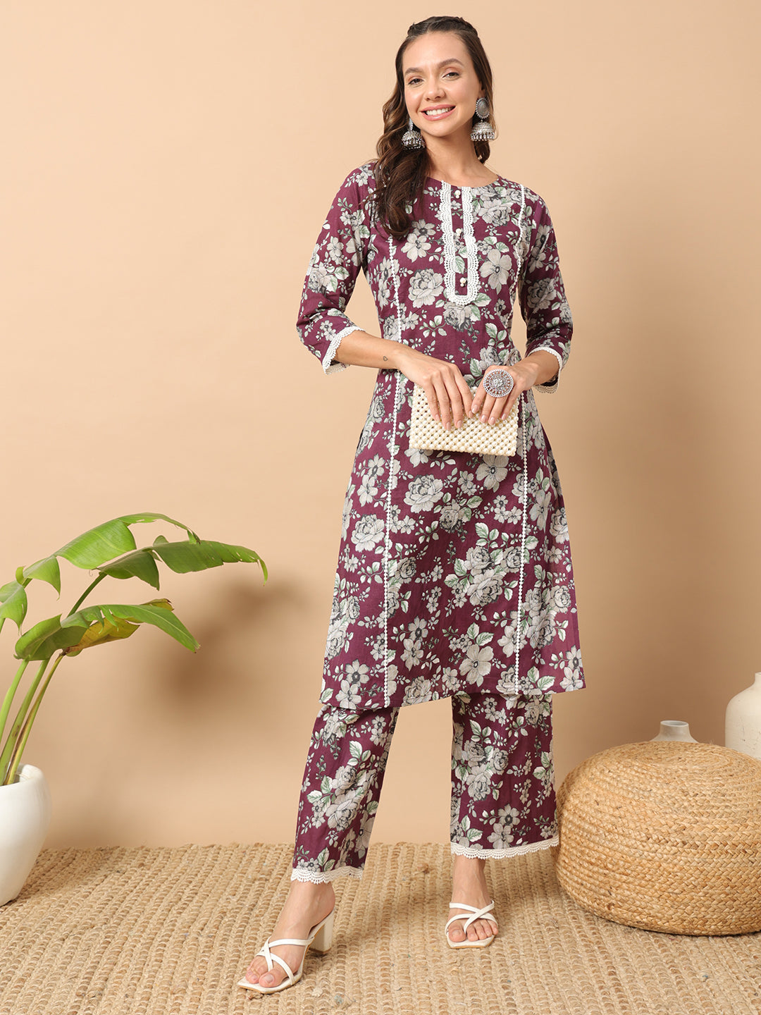 Wine-Cotton-Straight-Kurta-Set