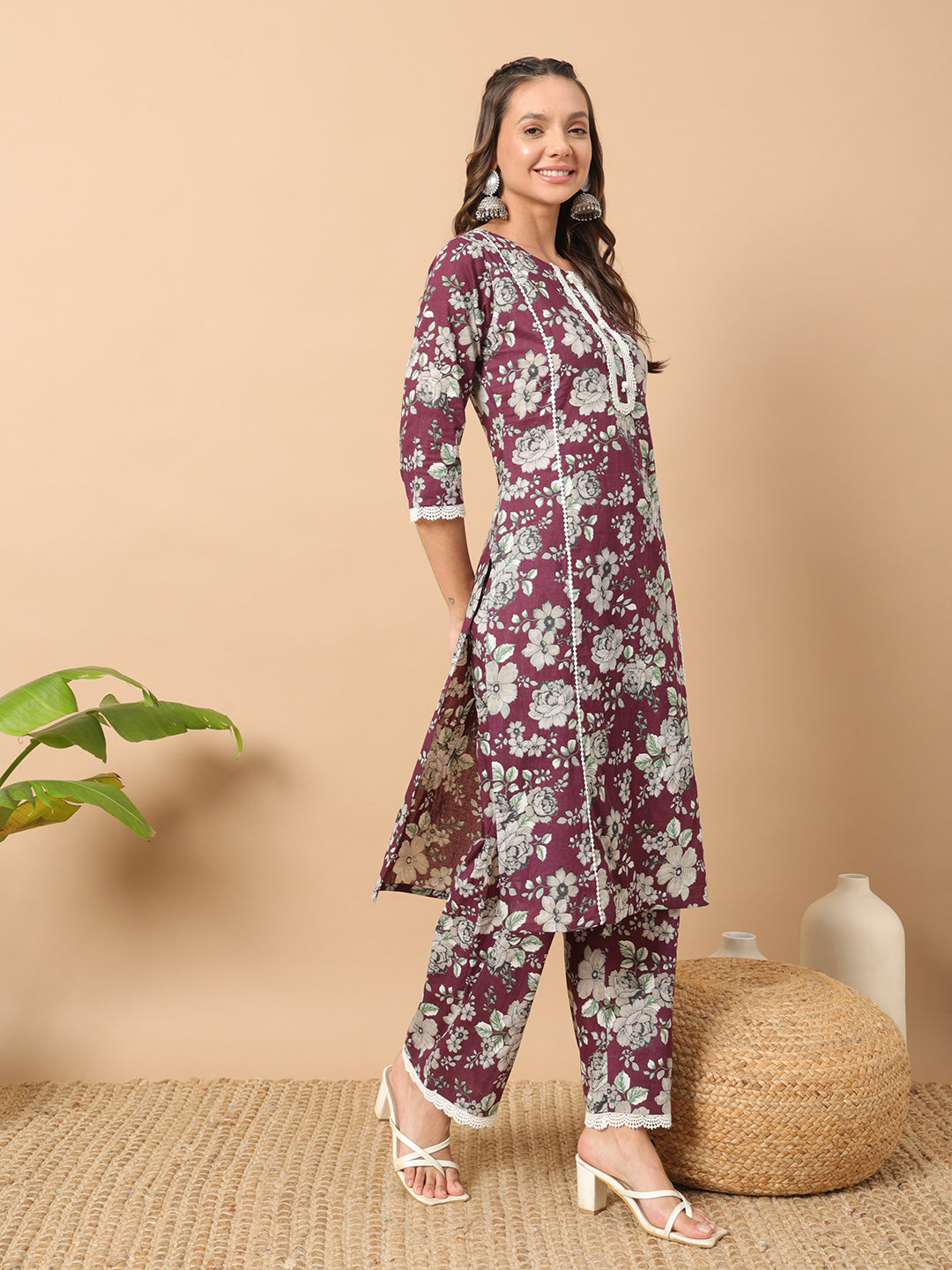 Wine-Cotton-Straight-Kurta-Set