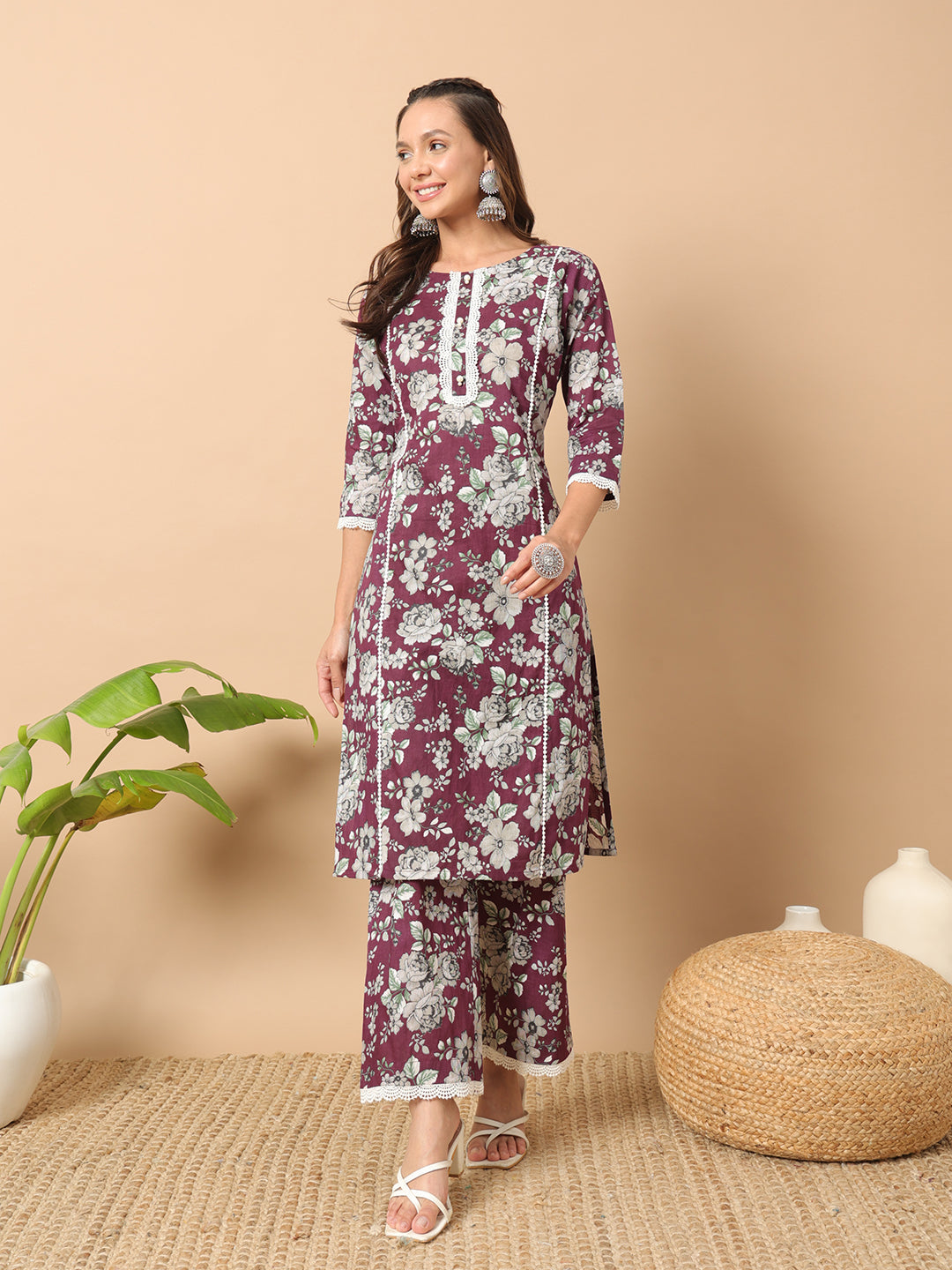 Wine-Cotton-Straight-Kurta-Set